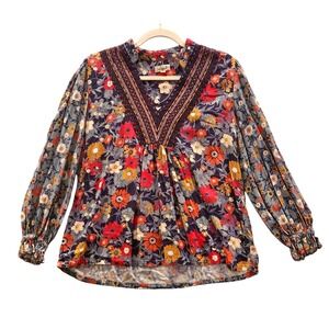 Peasant Sz L Top Floral Contrast Boho Cottage Core Long Sleeve‎ Blouse #436